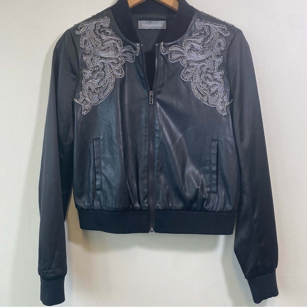 Bagatelle Black Faux Leather Bomber Jacket with Silver Embellishments